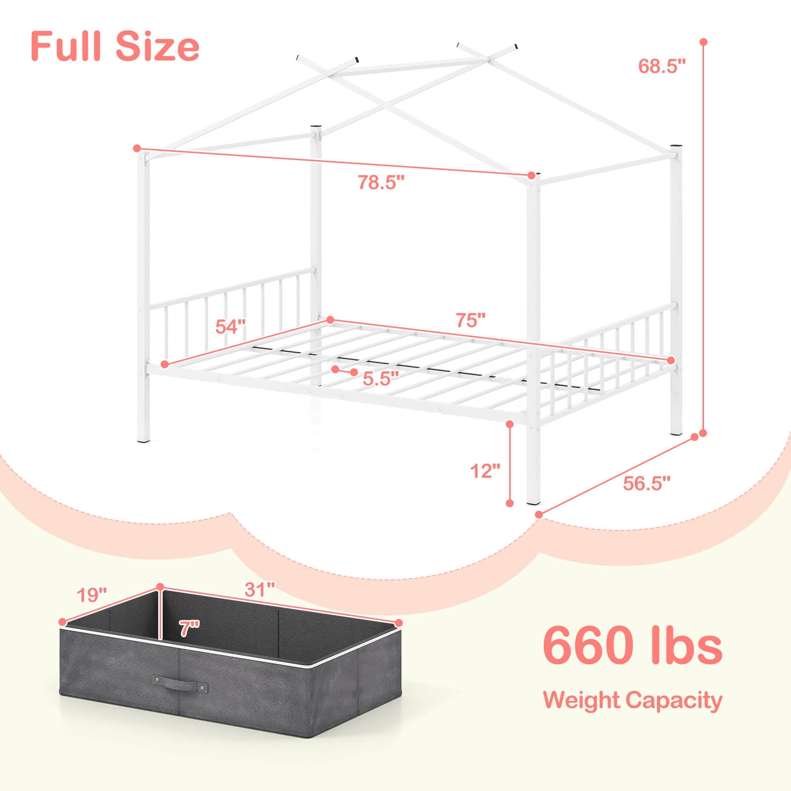 Infans Full Size Metal House Bed with 2 Fabric Drawers Heavy-Duty Platform Bed White