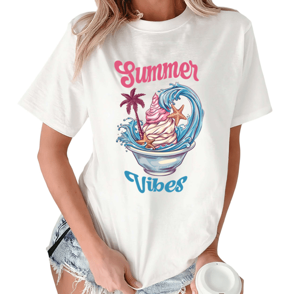 White Summer Trendy Ice Cream Wave Print T-Shirt Graphic Tees Shirts Beach Lover Vacation Gift S-5XL Tops