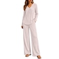 thumbnail image 2 of Cagogo Women's 2 Piece Outfit V Neck Long Sleeve Pullover Tops Wide Leg Pants Casual Set Solid Basic Lounge Sets Matching Tracksuits Travel Airport Clothes, Beige XL, 2 of 9