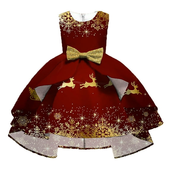 Ulitacool Girls Christmas Dress Xmas Dress Sleeveless Santa Snowman Xmas Party Prom Formal Gowns Festival Outfits Fall Winter Basic Wear Brick Red 6-7 Years