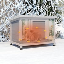 24'' Heated Small Rabbit Hutch for Winter, Cat House Outdoor Indoor with Warm Liner, Waterproof Structure, Suitable for Cats, Rabbits, Small Pets (Grey)