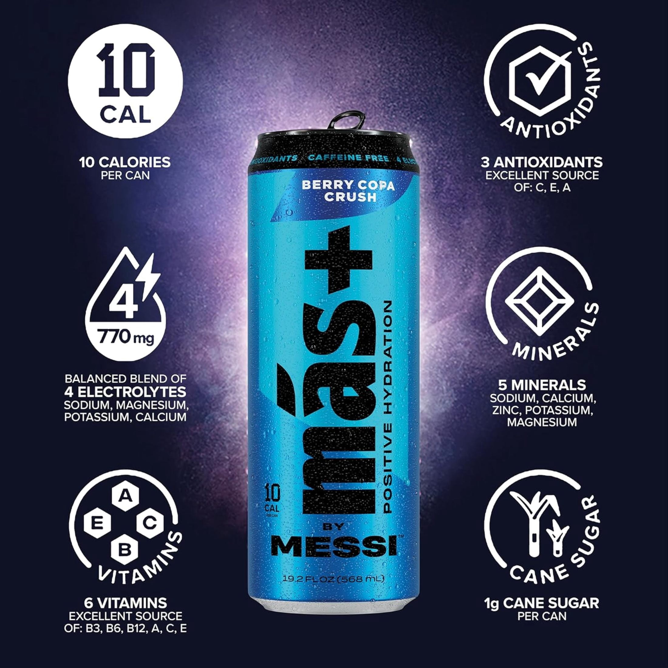 Más+ by Messi Hydration Sports Drink Berry Copa Crush, 12 Pack, 19.2 fl oz Cans