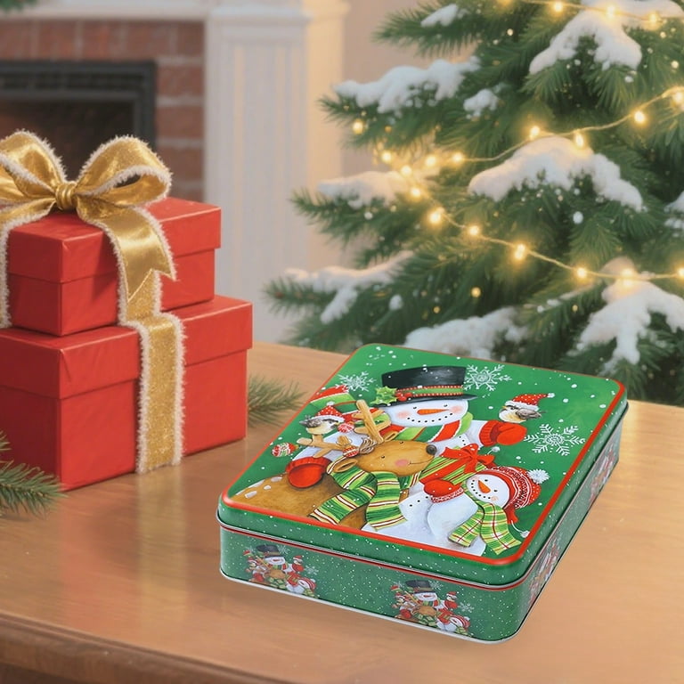 Snowman Deer Pattern Metal Square Festive Christmas Cookie Tin
