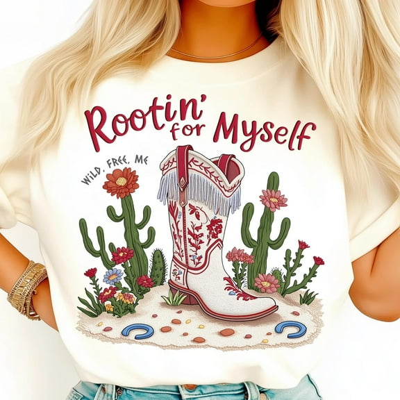 Western Cowgirl Boot Shirt, Rootin For Myself Shirt, Desert Cactus Floral Art, Wild Free Me Country Girl Shirt