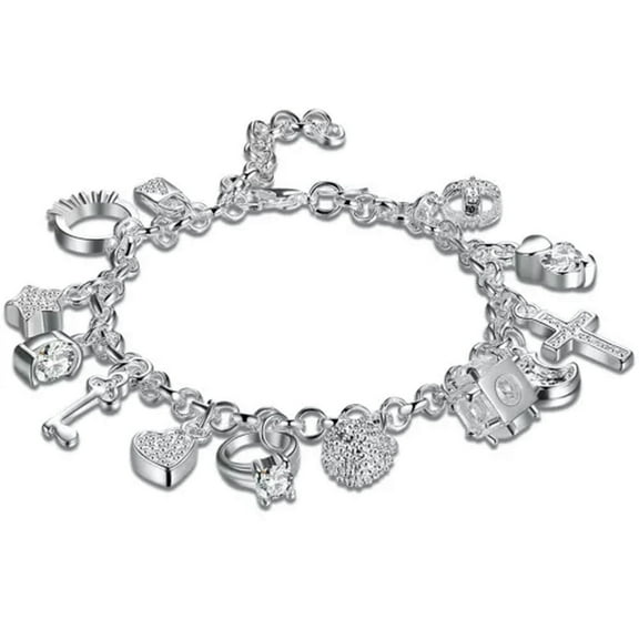 K-KED 925 Silver Copper Cross Ring Heart Lock Key Ladies Charm Bracelet Chain-20cm