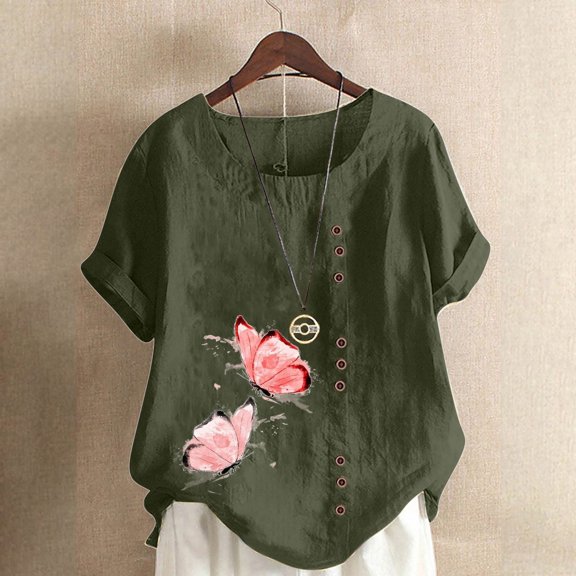 Ayolanni Casual Summer Women Blouses Butterfly Print Scoop Neck Short Sleeve Cotton Linen Blouse Embroidered Plus Size Shirts Summer Tops Green L