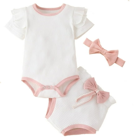 

EHTMSAK Newborn Infant Baby Toddler Girl 3PCS Bodysuit and Bow Shorts Set Outfits Ruffle Short Sleeve Summer Clothing Set with Headband White 0-2Y 100