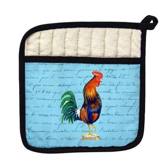 Betsy Drake PT037B Blue Rooster Blue Script - Pot Holder