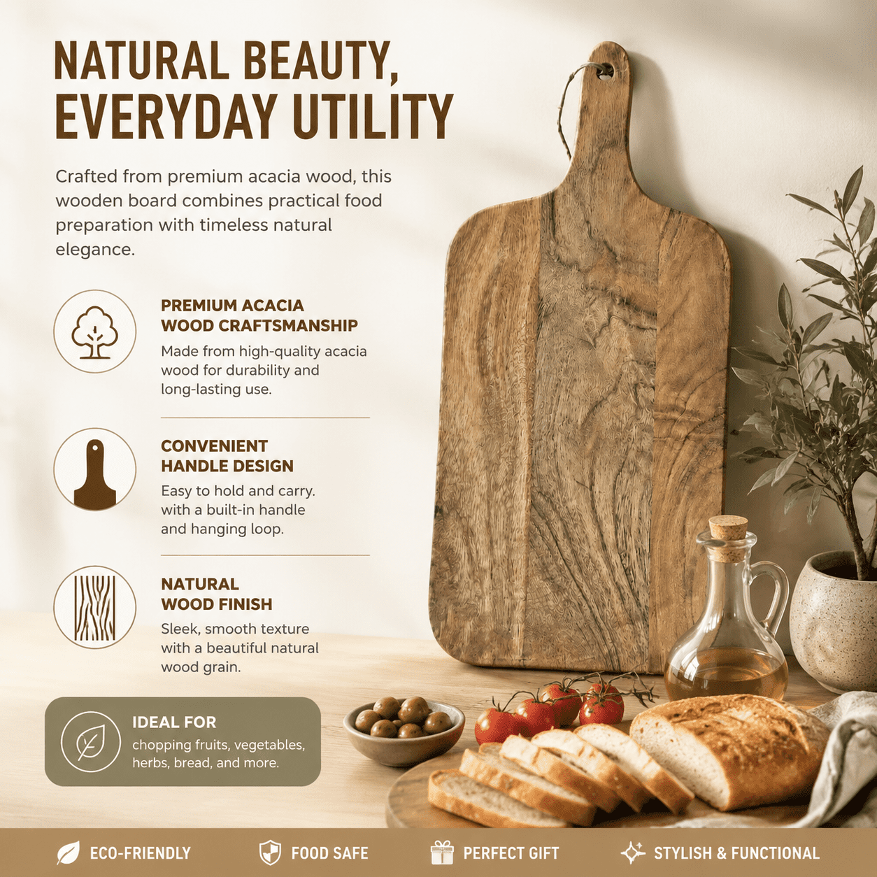 Acacia Wood Chopping Board with Handle, Wooden Cutting Board for Kitchen, Serving Board for Bread, Cheese, Fruits & Vegetables, Handcrafted Wood Paddle Board, 8x0.75x17.75 Inches