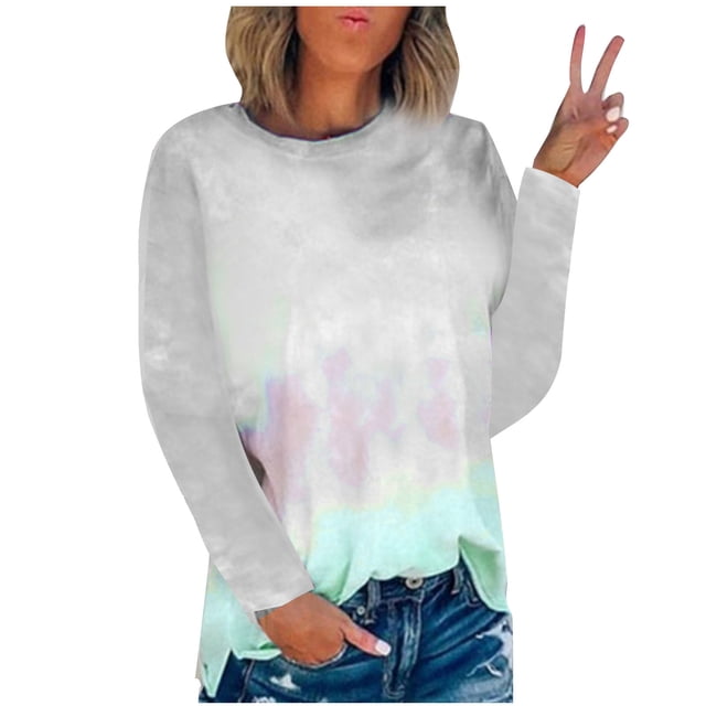RKSTN Chandails pour Femmes Manches Longues Mode Hauts à Col Rond Imprimés Teinture sur Nœuds Décontractés Sortie Blouses Amples