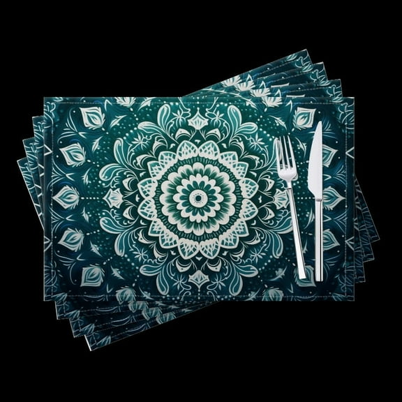 BaHomeck placemats Set of 4 White Mandala Pattern On Dark Teal Background Cotton Linen rectangle Placemats for Kitchen Dining Table Indoor,Outdoor,18*12inch