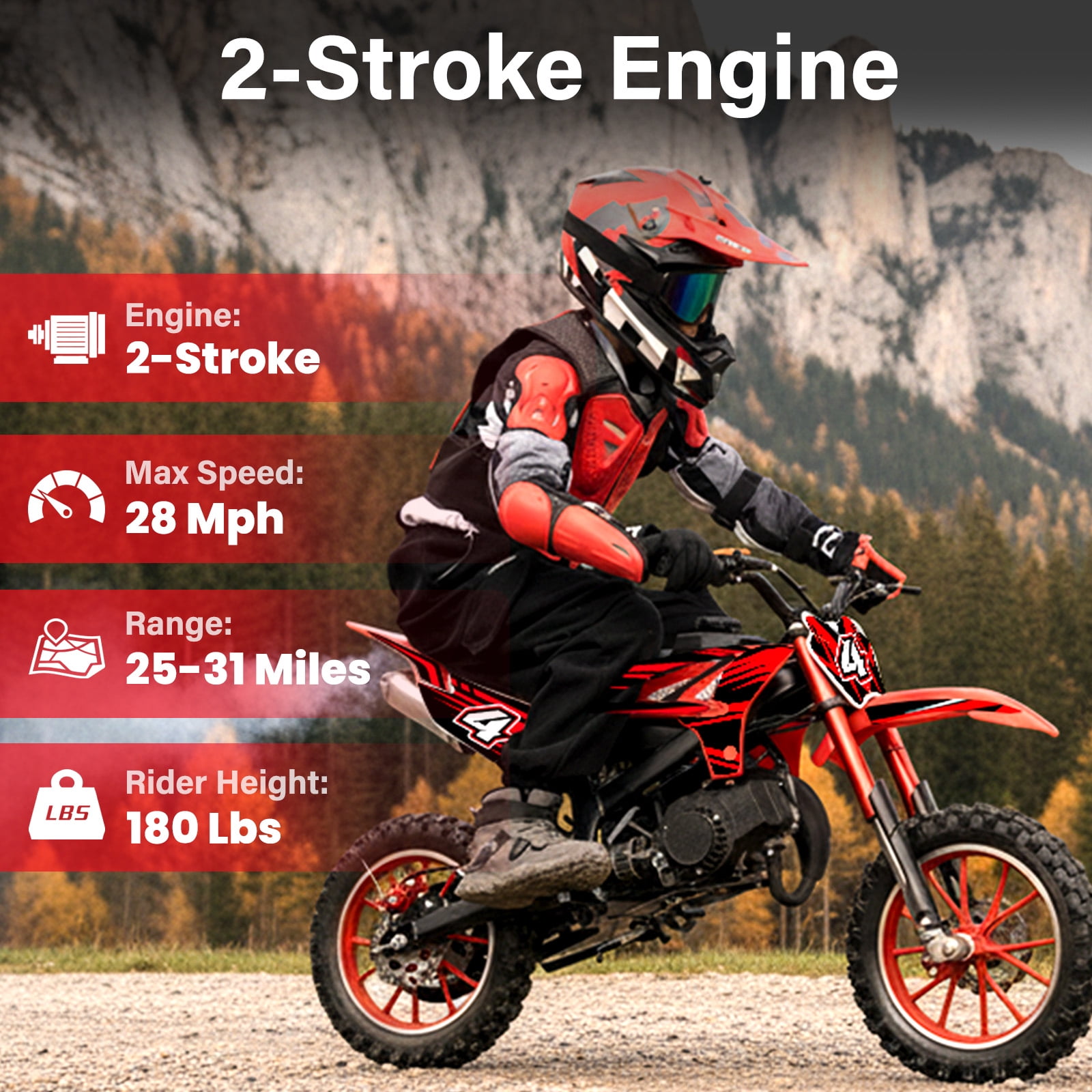 Kids Dirt Bike 49cc Gas Powered - 2-Stroke Off-Road Motorcycle for Ages 13+, 28 MPH Max Speed with Shock Absorber & Dual Disc Brakes，Kill Switch, Max Load 220LBS, with Armor, Black