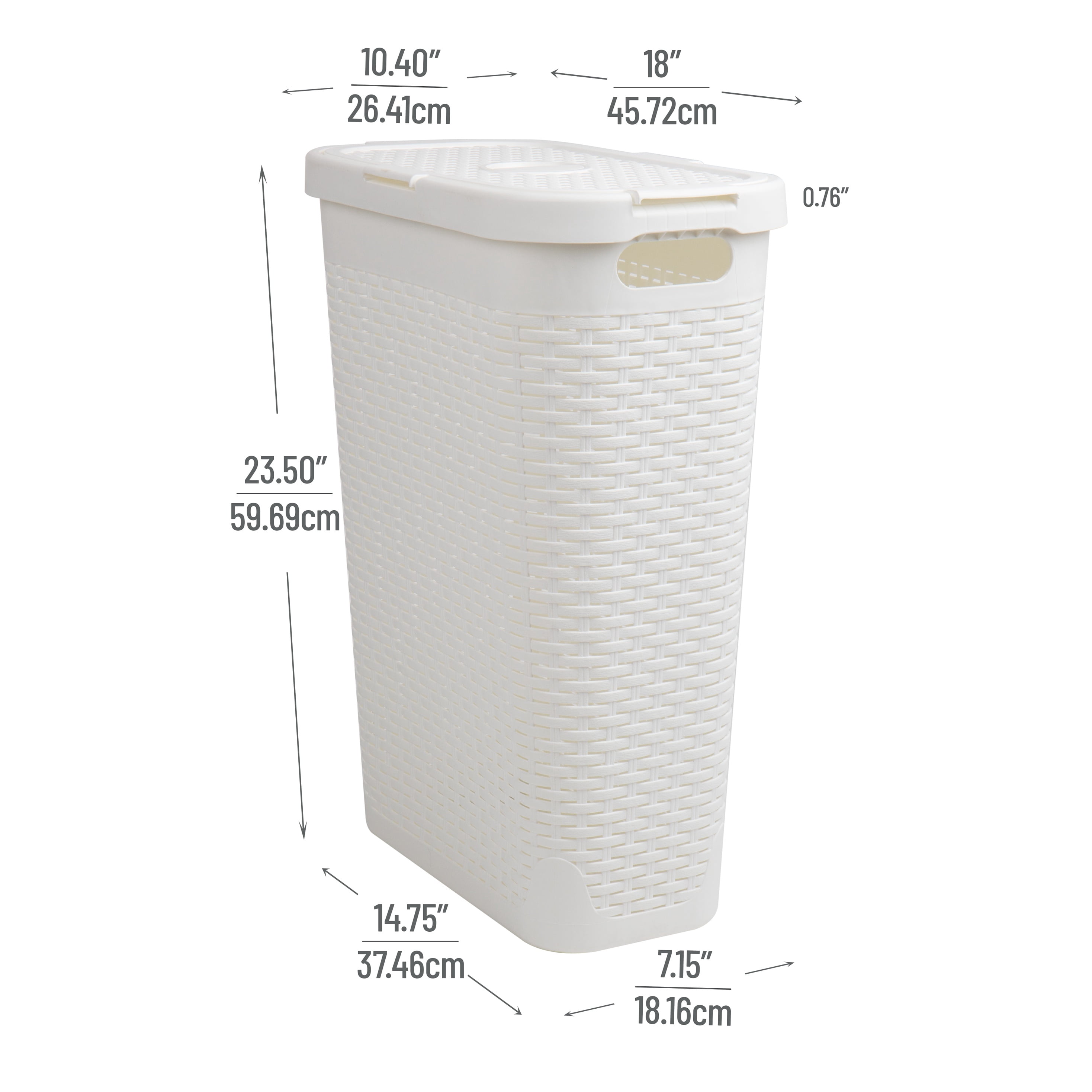 Mind Reader 40L Slim Laundry Hamper, Clothes Basket, Lid, Wicker Design, Plastic, 18"L x 10.4"W x 23.5"H, Set of 3, White