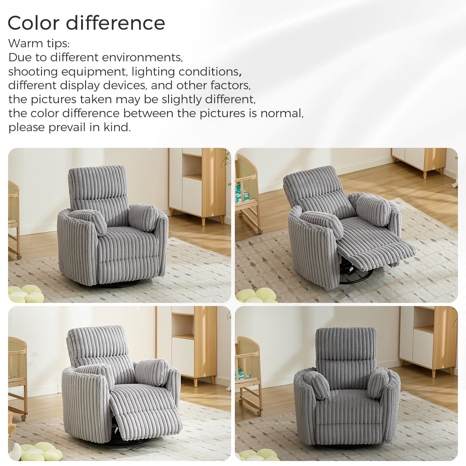 Adult Faux Fur Nursery Power Swivel Glider and USB Recliners with 2 Removable Pillows, Gray
