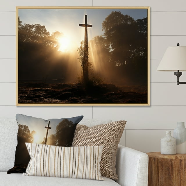 Designart Large Religious Landscape framed wall Art, Healing Light Religious Cross framed wall art , Religious Landscape framed wall art decor, Gold Traditional Natural framed wall art