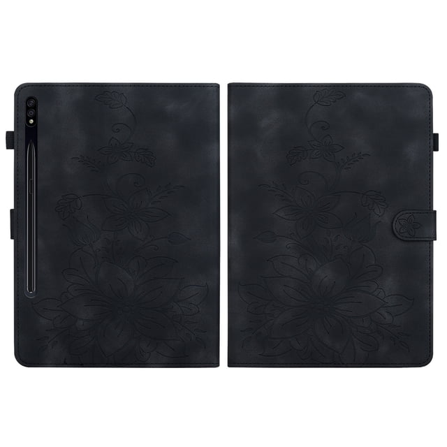 XYX Tablet Case for Samsung Galaxy Tab S7+ Plus/S8+ Plus/S7 FE, Lily Flower Pattern PU Leather Multiple Viewing Angles Stand Slim Folio Tablet Cover (Black)