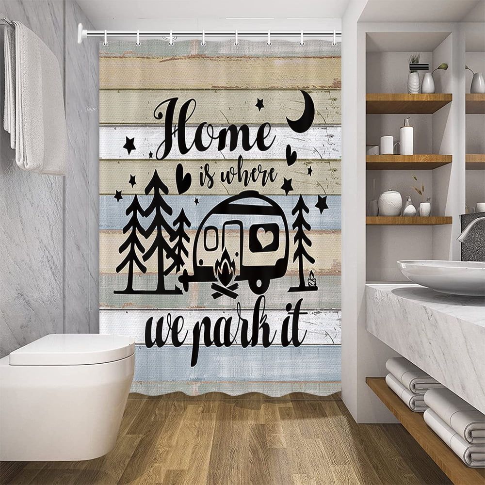 Happy Camper Shower Curtain, Rustic Shower Curtain Set, Farmhouse