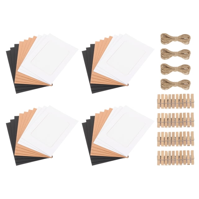 Uxcell 40pcs Kit de Marcos de Fotos de Papel, Pancarta de Exhibición de Fotos Kraft de 4 x 6" con Clips y Cuerda para Colgar Decoración de Pared de Fiesta de Boda Cumpleaños, Negro Blanco Marrón