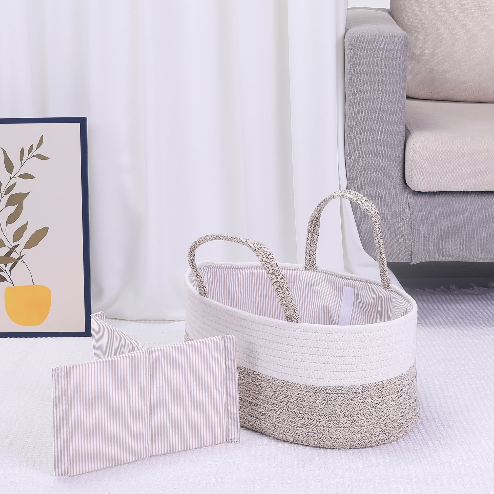 Unique Bargains 1 Pack Woven Storage Basket Bin with Divider and Handle White Beige S