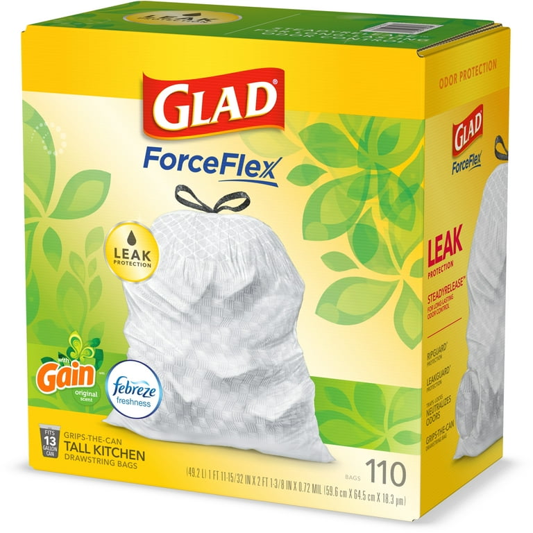 Glad ForceFlex MaxStrength 13 Gallon Tall Kitchen Drawstring Trash Bags,  Gain Original, 40 Bags - Yahoo Shopping