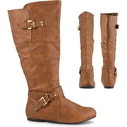Twisted Shelly Womens Studded Flat Knee High Boots, Wide Calf & Foot Ladies Shoes, Cognac, 11