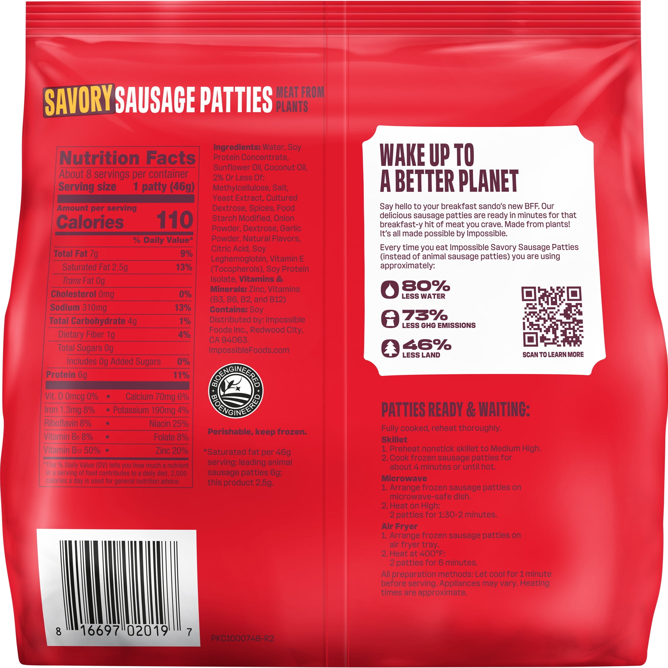 Impossible Foods Savory Sausage, Fully Cooked, 8 Patties, 12.8 oz (Frozen)