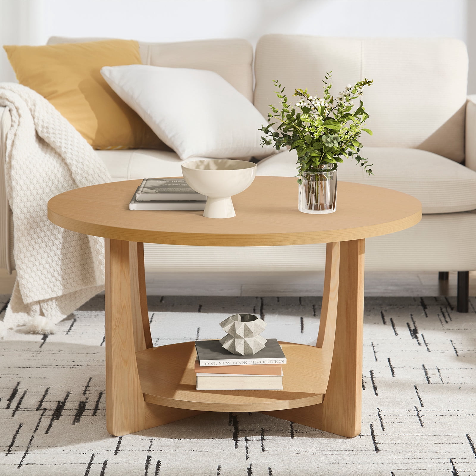 Foreate 31.5" Round Coffee Table with Solid Wood Pine Legs, 2-Tier Retro Round Coffee Table with Storage Shelf, Small Modern Wood Circle Center Table for Living Room, Natural