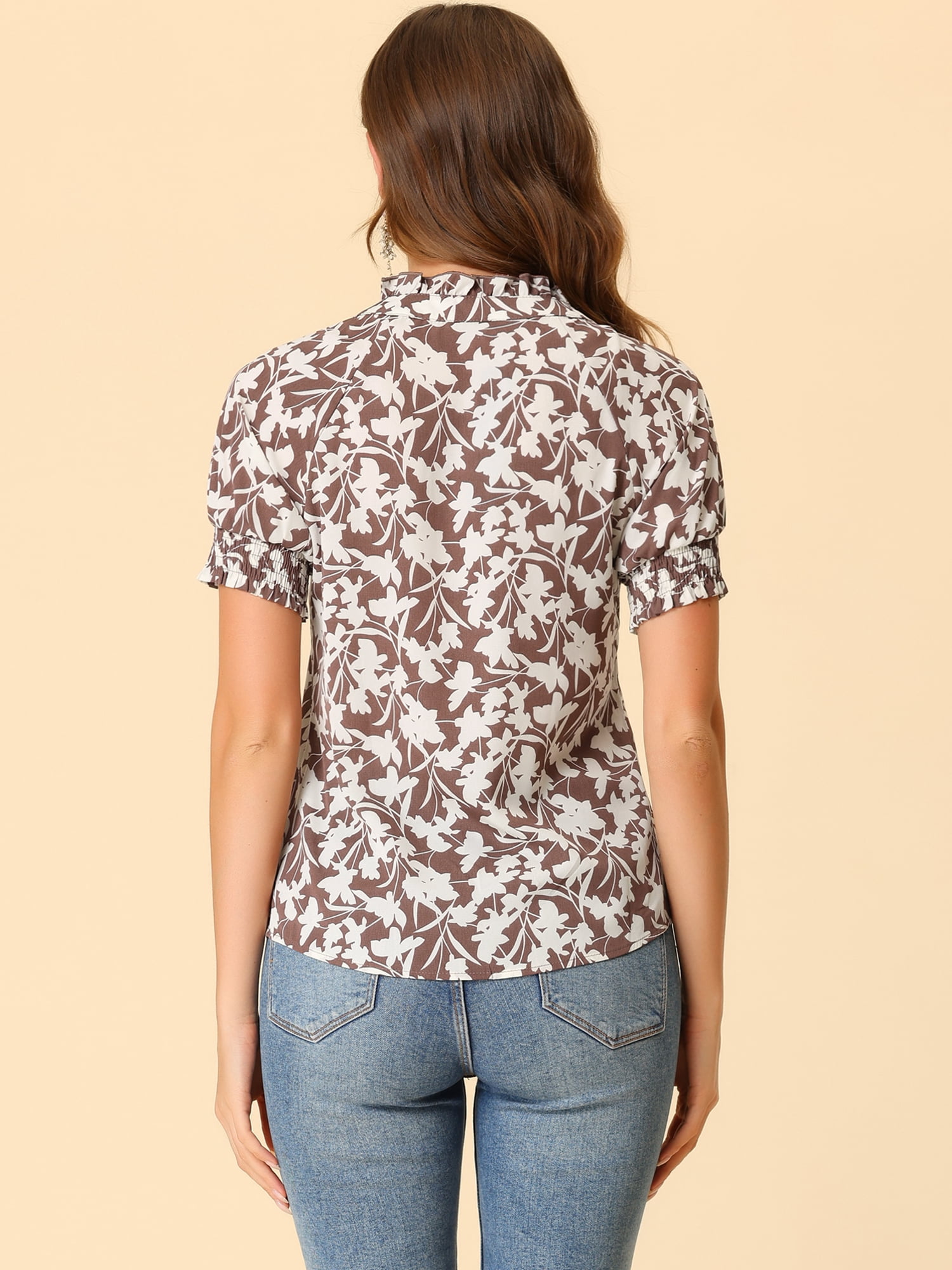 DARING DIVA Ruffle Tie Neck Casual Short Sleeve Blouse M Brown