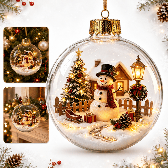 3.15 in Light Up Christmas Ball Ornament, 3D Mini Winter Village Scene with Warm LED Light, Hanging Tree Decor, Santa Reindeer Train Angel Styles