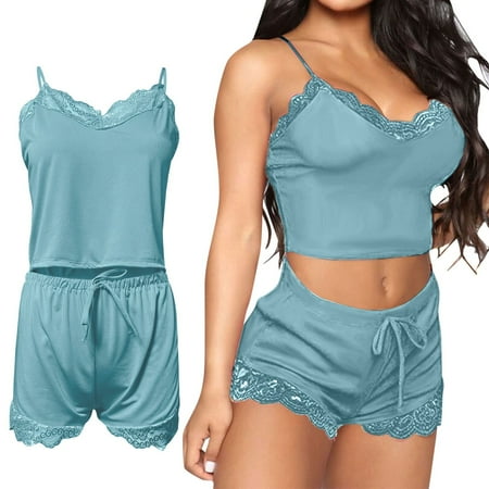 Women Intimates Accessories Womens Pajama Sets Soft Lace Trim Lingerie Sleepwear 2 Piece Shorts Set Neck Pj Nightwear Bridal Gifts Blue Women s Bra & Brief Sets XL