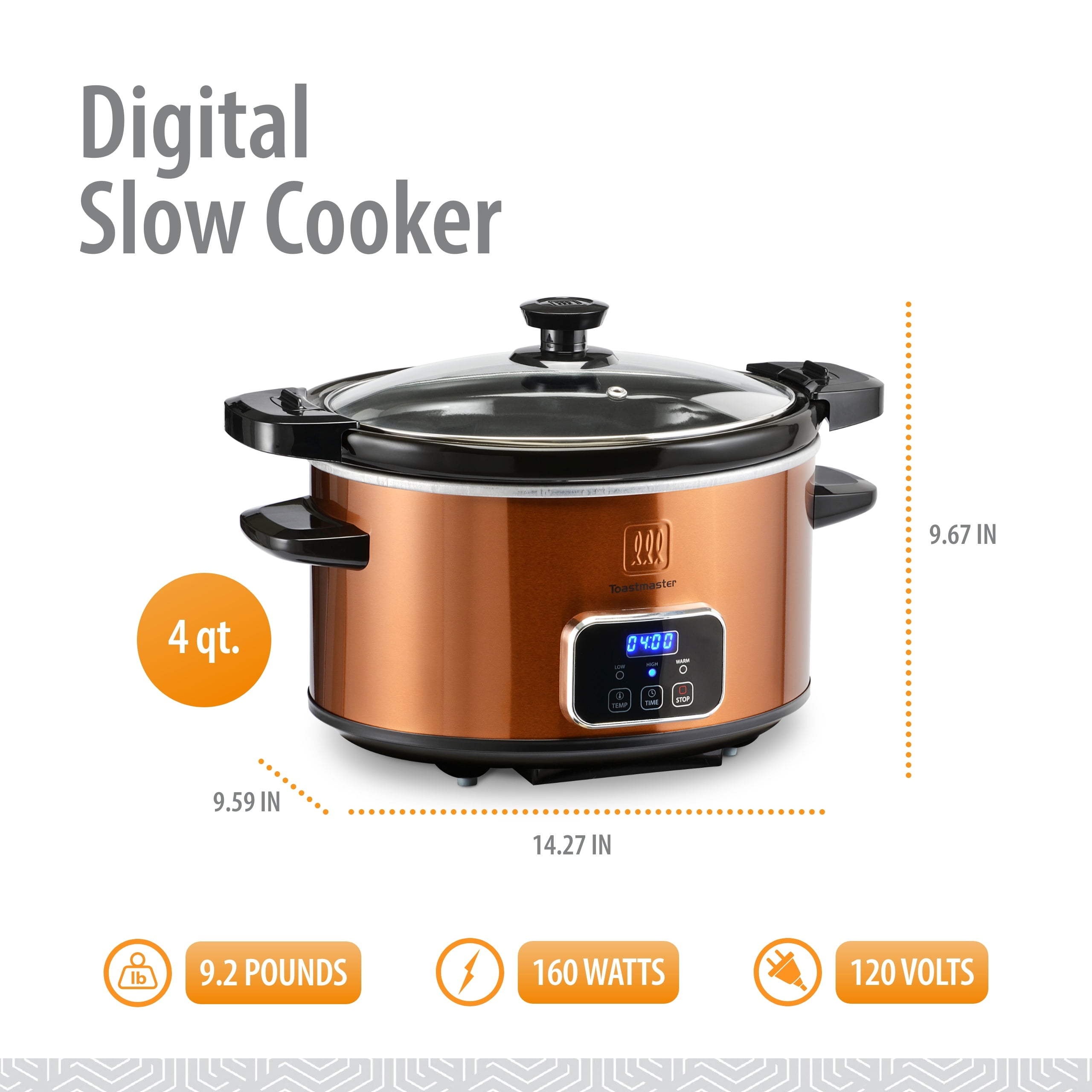 Toastmaster 4-Quart Digital Slow Cooker with Locking Lid, Copper