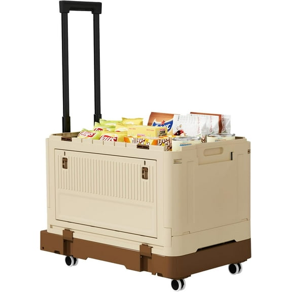 FYC'shop Large Foldable Utility Cart, Portable Rolling Crate with 132 lbs Capacity, Handcart Shopping Trolley with Lid and 4 Rotate Wheels, for Grocery, Shopping, Office, Camp, Brown