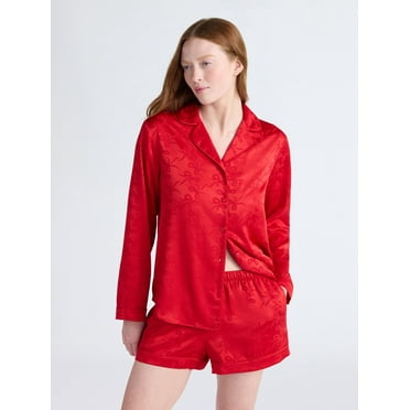 Joyspun Women’s Stretch Satin Notch Long Sleeve Top and Shorts Pajama Set, 2-Piece, Sizes XS-3X