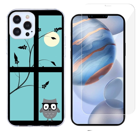 Slim-Fit Protective Phone Case compatible with iPhone 12 Pro Max, with Tempered Glass Screen Protector, by OneToughShield ® - Moon Owl