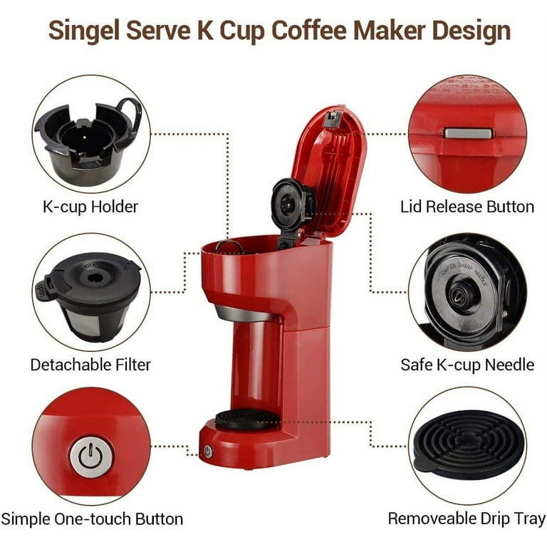 Coffee Maker, Single Serve Coffee Maker Machine 6 to 14 oz with Permanent Filter, Compatible with K Cup Pod & Ground Coffee, Red, Size: 10.9 x 6.6 x