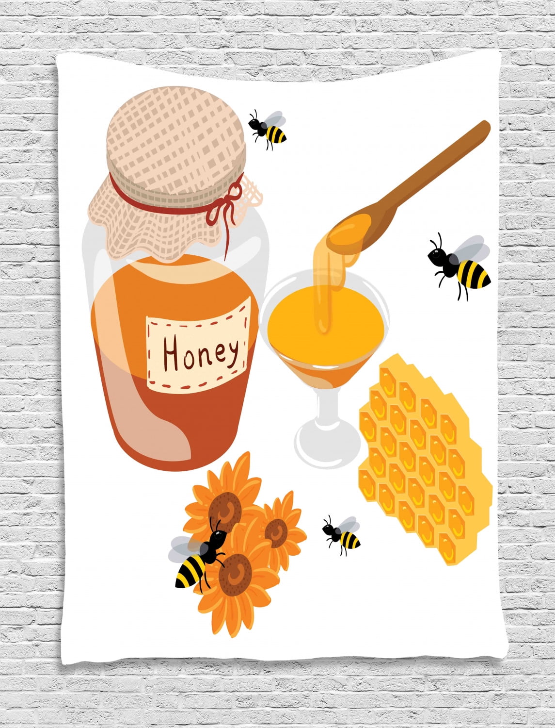 Honey Bee Tapestry Apiary Collaboration Wooden Spoon Honeycomb Jar And Sunflowers Cartoon Wall Hanging For Bedroom Living Room Dorm Decor 40w X 60l Inches Orange And Multicolor By Ambesonne Walmart Com