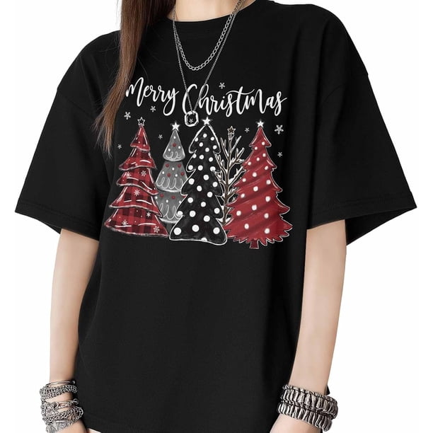T Shirts for Womens Red Xmas Tree on Black Short Sleeve Graphic Tees Loose Fit T-Shirt Cotton Casual Tops
