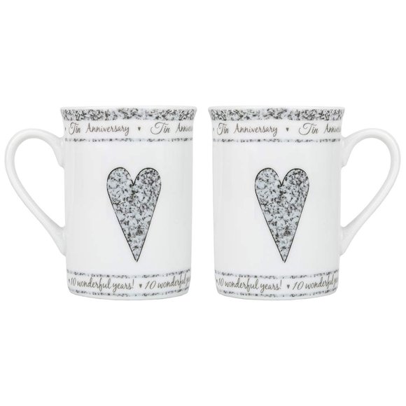 Beautifully Designed 10th Tin Wedding Anniversary Set of Ceramic Mugs with Hearts | Dishwasher and Microwave Safe with Decorative Keepsake Box