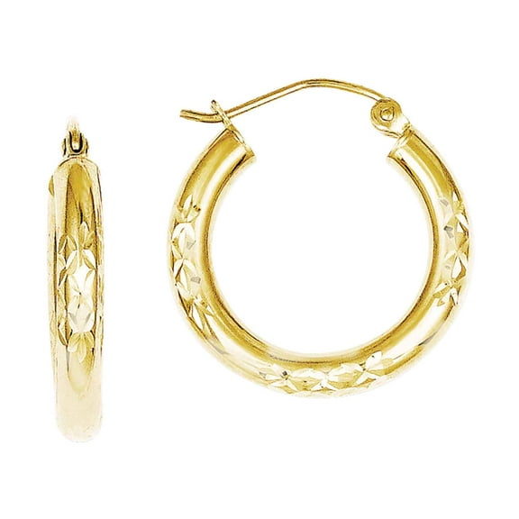 Primal Gold 10 Karat Yellow Gold Diamond Cut 3x20mm Hollow Tube Hoop Earrings