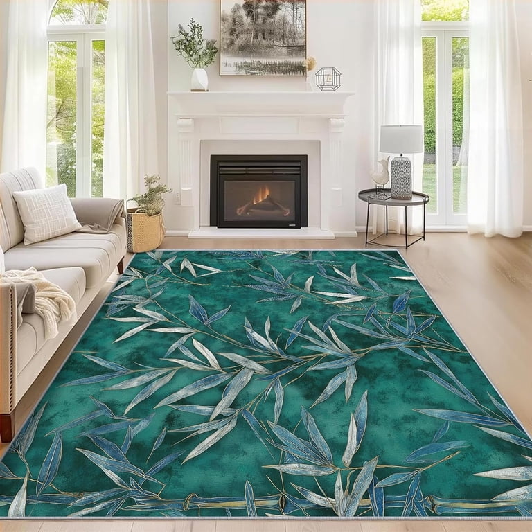 Botanical Patterned Rug Bamboo Leaf Area Rugs, Green Botanical Plant Pattern Carpet, Washable ...