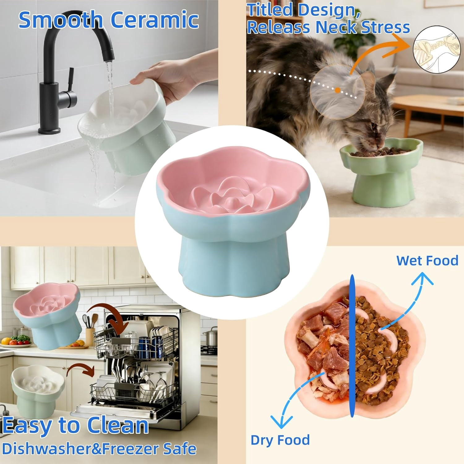 Ceramic Elevated Slow Feeder Cat Bowl,Anti Vomit Design for Whisker Fatigue Relief,Elevated Slow Feeder Bowls for Indoor Cats&Small Breeds,Perfect for Wet Food&Small Dogs