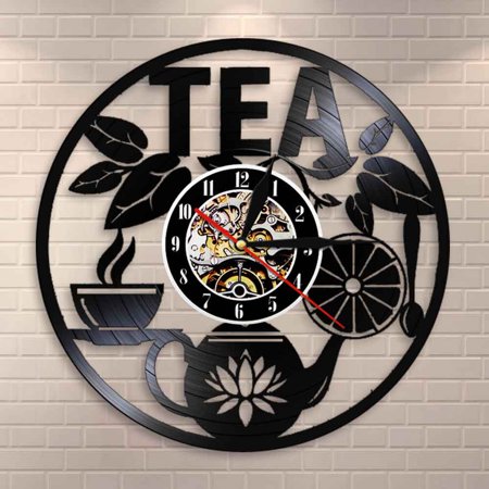 Amblelife Tea Time Wall Decor Tea Pot Design Wall Clock Drink Tea Vinyl Record LP Clock Decorative Hanging Watch Tea Lovers Room Decor