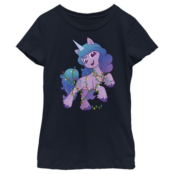 Girl's My Little Pony: A New Generation Izzy Moonbow Christmas Lights  Graphic Tee Navy Blue Small