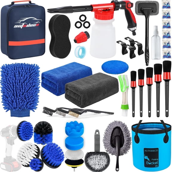Complete Car Wash Detailing Cleaning Kit with Foam Gun Sprayer Collapsible Bucket Brushes Wash Mitt and Towels for Interior and Exterior Vehicle Care