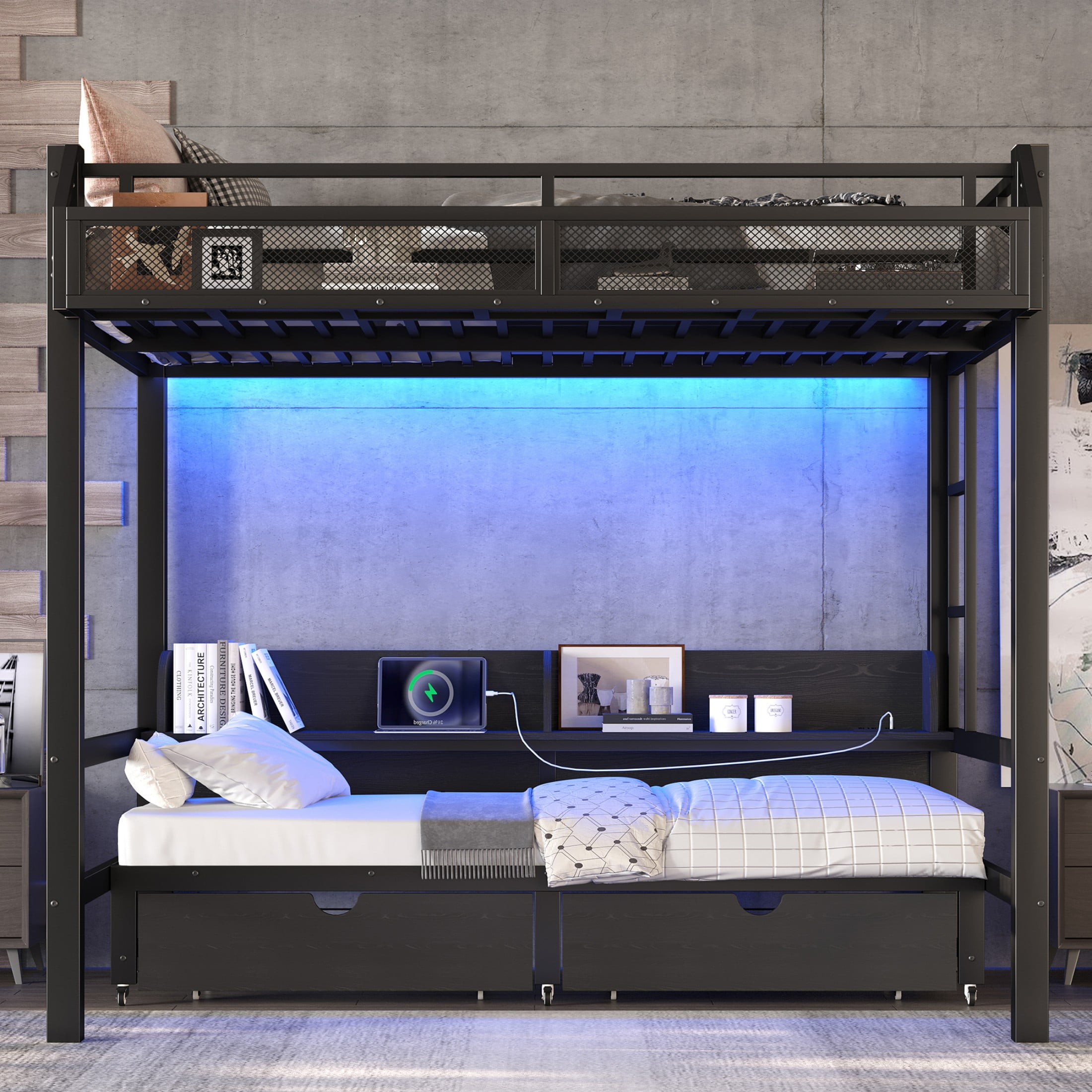 Aukfa Full over Full Metal Bunk Bed with Storage Drawers, Shelves, USB Ports & LED Lights, Convertible Bottom Sofa Bed, Heavy-Duty Bed Frame for Kids Teens Adults, Black