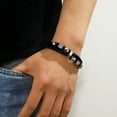 thumbnail image 6 of Jewmon Black Leather Bracelet for Men Silver Tone Beads Wrist Cuff Bangle Magnetic Clasp Gift for Dad, 6 of 7