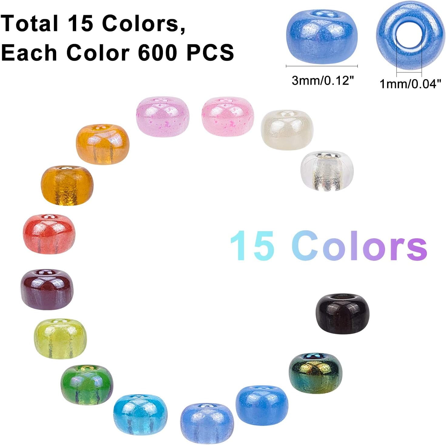 9000pcs Glass Seed Beads for Jewelry Making 15 Colors 8/0 Seed Beads Craft Glass Beads Craft Pony Waist Beads for Friendship Bracelets Earrings Necklaces Jewelry Making Supplies Glass