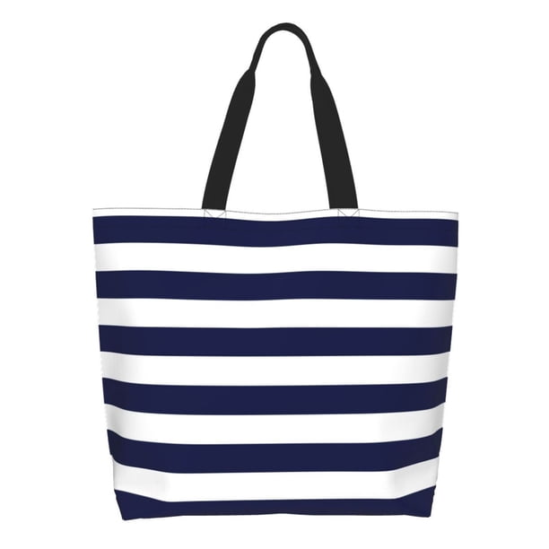 Fotbe Navy Blue And White Stripes Bolsa Tote Estética de Lona con Estampado para Mujer - Bolsa Reutilizable de Hombro Casual para Vacaciones, Compras, Trabajo y Gimnasio