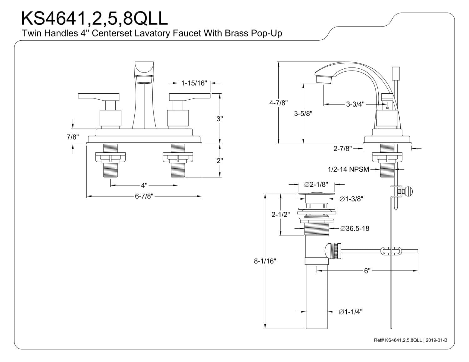 Kingston Brass KS4648QLL 4 in. Centerset Bathroom Faucet, Brushed Nickel