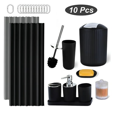 Bathroom Accessories Set, 10Pcs Bathroom Set - Waterproof Shower Curtain Set with Hook (71"×71"), Toothbrush Cup/Holder, Soap Dispenser, Soap Dish, Toilet Brush, Qtip Holder & Trash Can